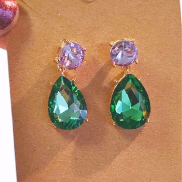 2 Pairs Purple Green Crystal and Long Metal Mesh Drop Earrings Bundle NWT - Picture 8 of 14